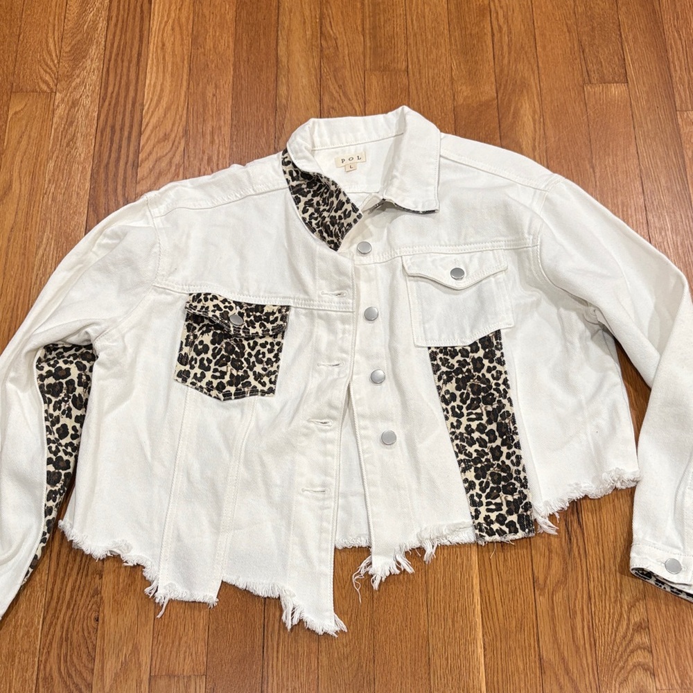POL White Denim Jacket with Leopard Print